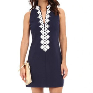 Lilly Pulitzer Navy Blue Callista Ottoman Shift Dress White Lace Trim Size XXS